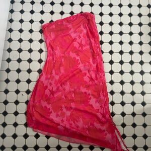 PINK FLORAL IBIZA STYLE ASYMMETRICAL STRAPLESS DRESS